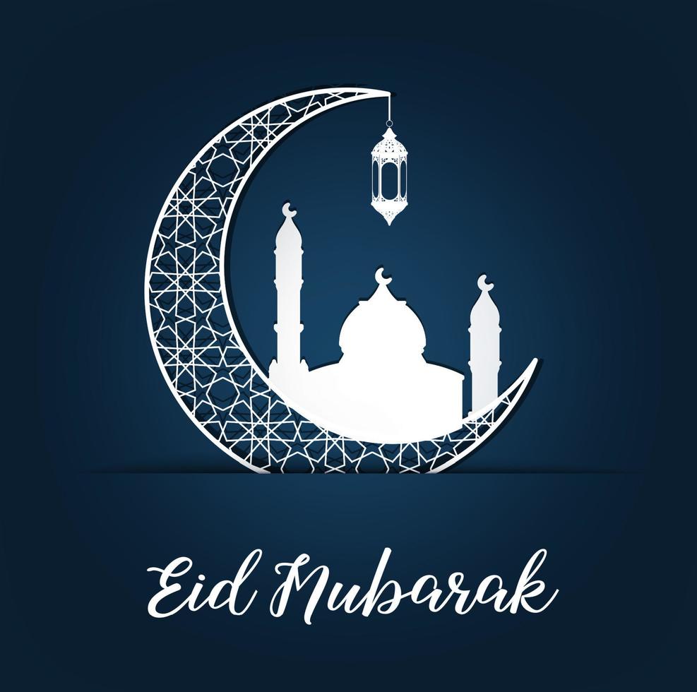 tarjeta de felicitación de ramadán mubarak con mezquita de luna creciente vector