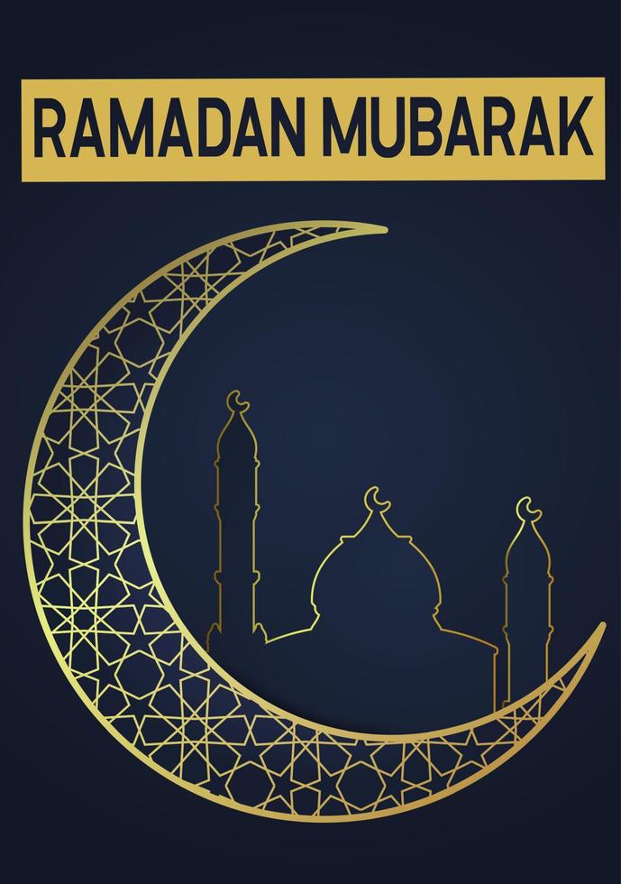 Ramadan Mubarak Greeting Card with golden crescent moon and line mosque dome vector