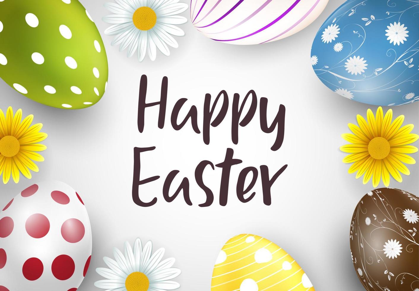 Happy easter background with flowers and colorful easter eggs vector
