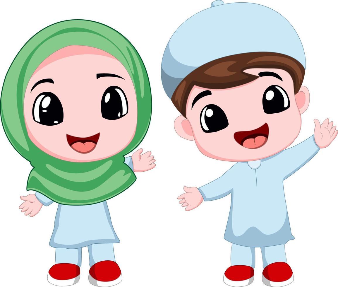dibujos animados de dos niños musulmanes felices vector