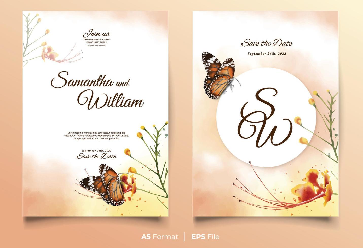 Watercolor wedding invitation with flower and butterfly vector