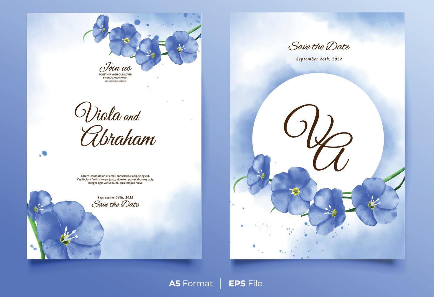 Watercolor wedding invitation with blue flower vector