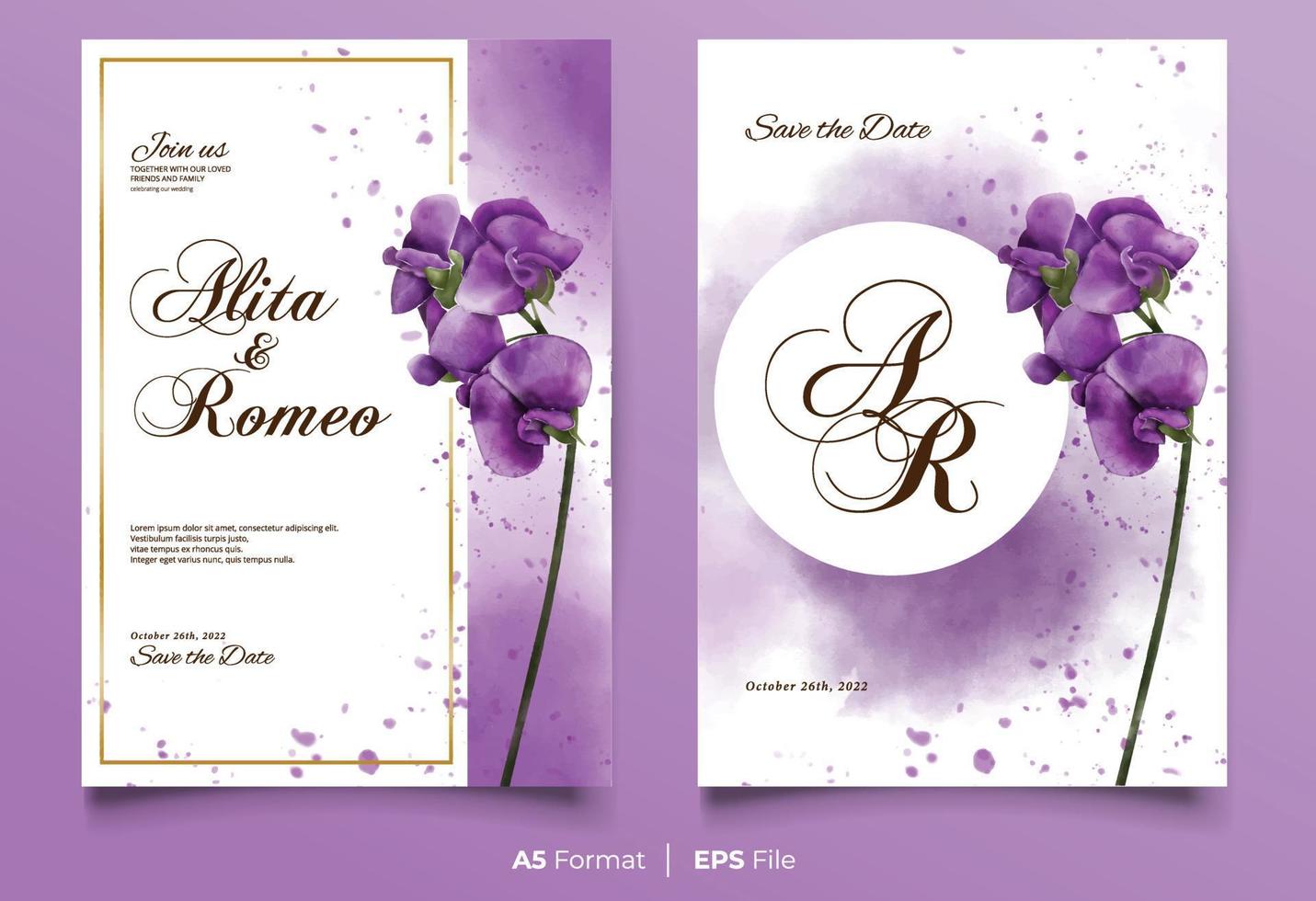 Watercolor wedding invitation with purple orchid flower vector