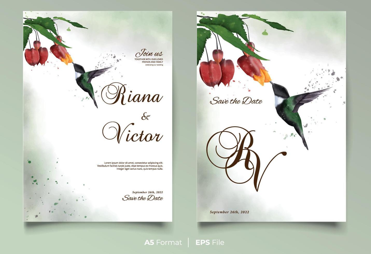 Watercolor wedding invitation with red flower and bird vector