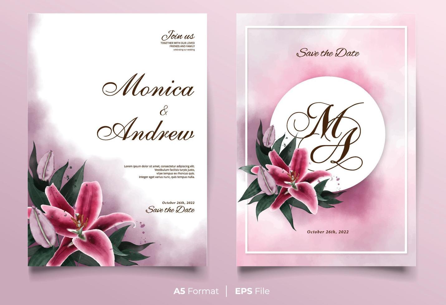 Watercolor wedding invitation with red and pink flower vector