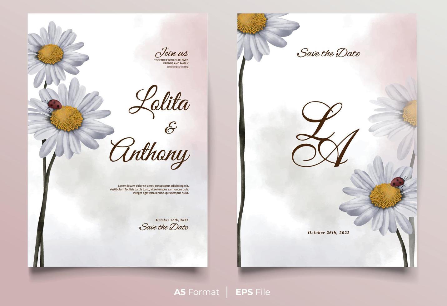 invitación de boda acuarela con flor blanca y mariquita vector