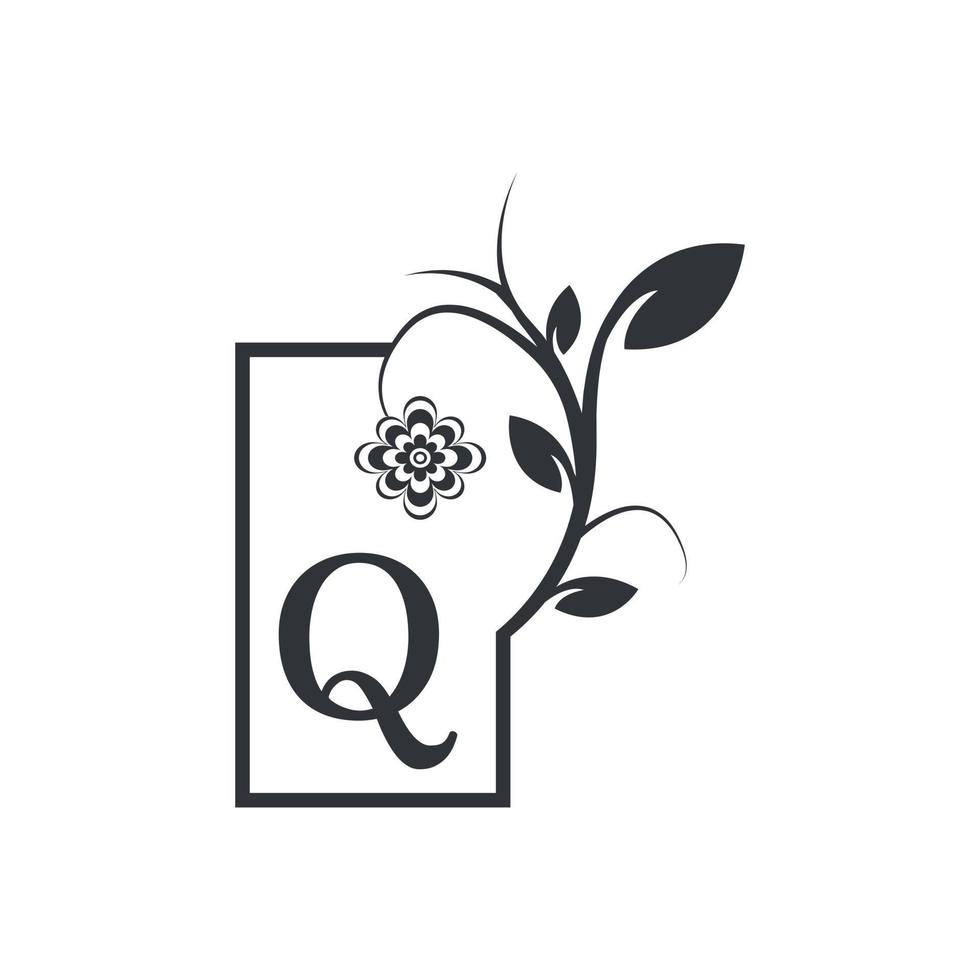 Elegant Q Luxury Logo Square Frame Badge. Floral with Flowers Leaves. Perfect for Fashion, Jewelry, Beauty Salon, Cosmetics, Spa, Boutique, Wedding, Letter Stamp, Hotel and Restaurant Logo. vector