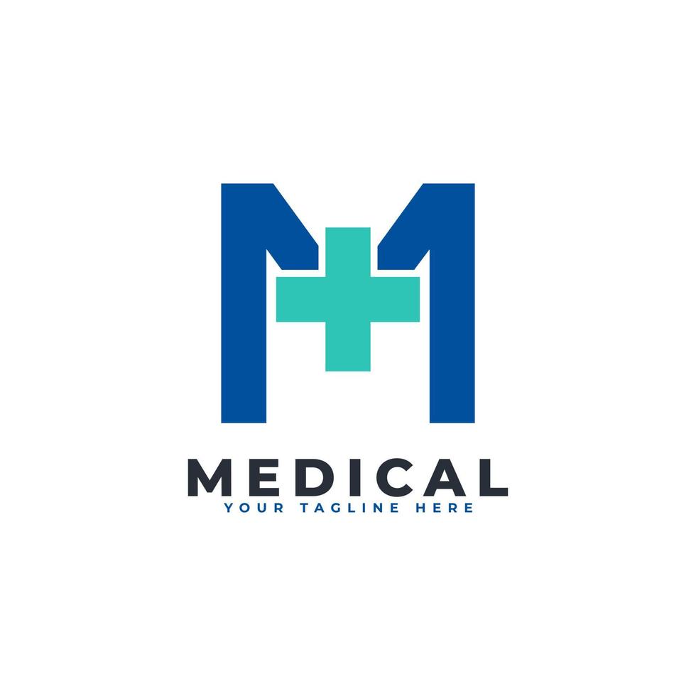 letra m cruz más logo. utilizable para logotipos comerciales, científicos, sanitarios, médicos, hospitalarios y naturales. vector