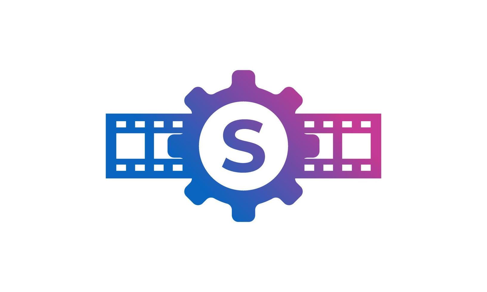 Initial Letter S Gear Cog Wheel with Reel Stripes Filmstrip for Film Movie Cinema Production Studio Logo Inspiration vector