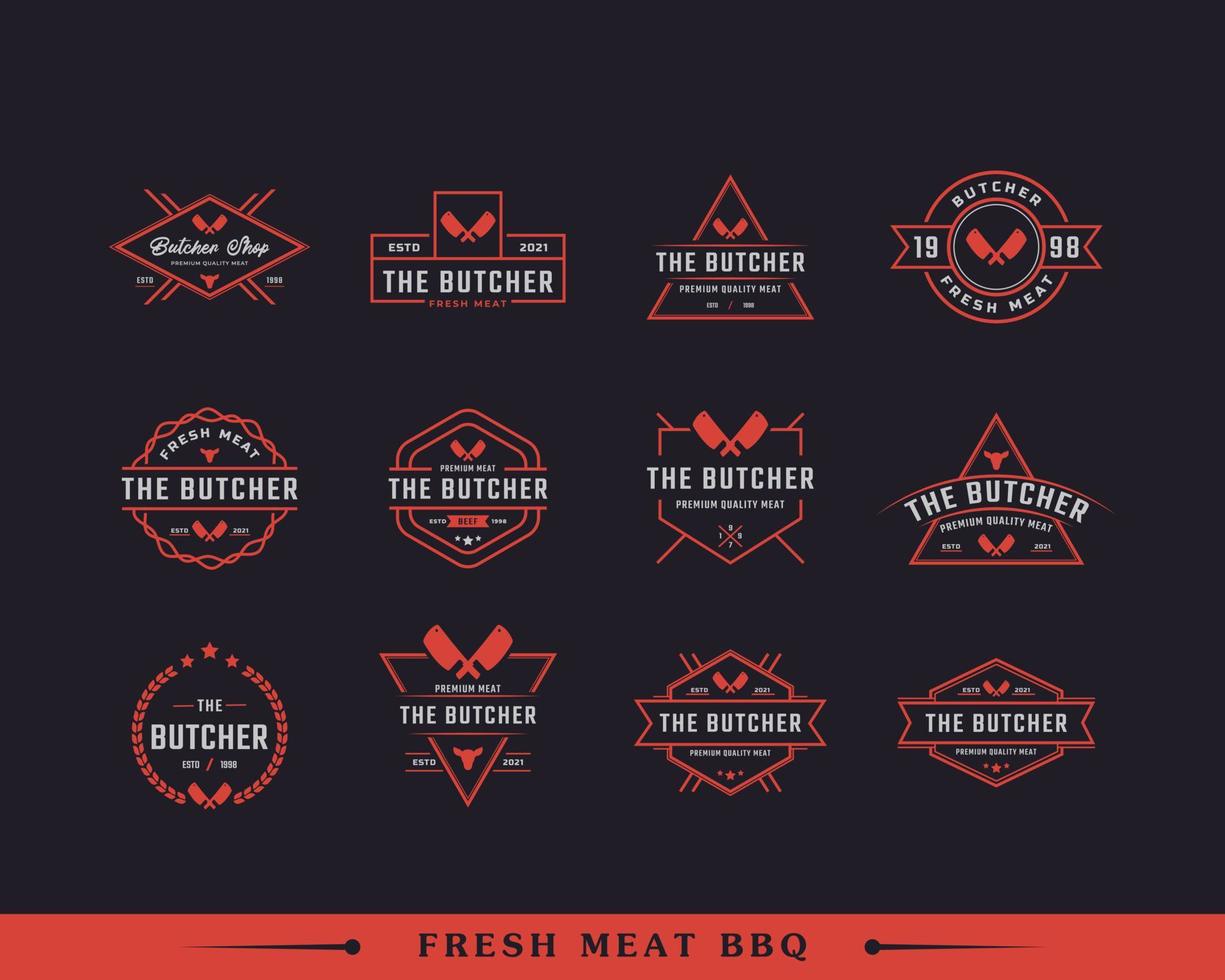 Set of Classic Vintage Retro Label Badge for Butcher Shop with Crossed Cleavers Logo Design Inspiration vector