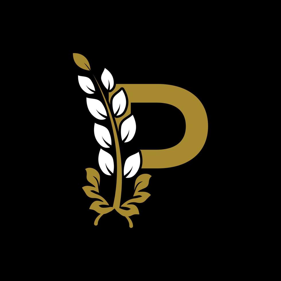 Initial Letter P Linked Monogram Golden Laurel Wreath Logo. Graceful Design for Restaurant, Cafe, Brand name, Badge, Label, luxury identity vector