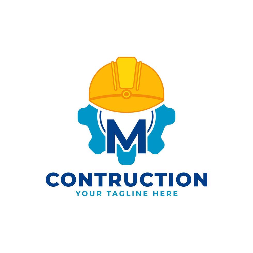 letra inicial m con equipo y casco. concepto de logotipo de construcción e ingeniería vector