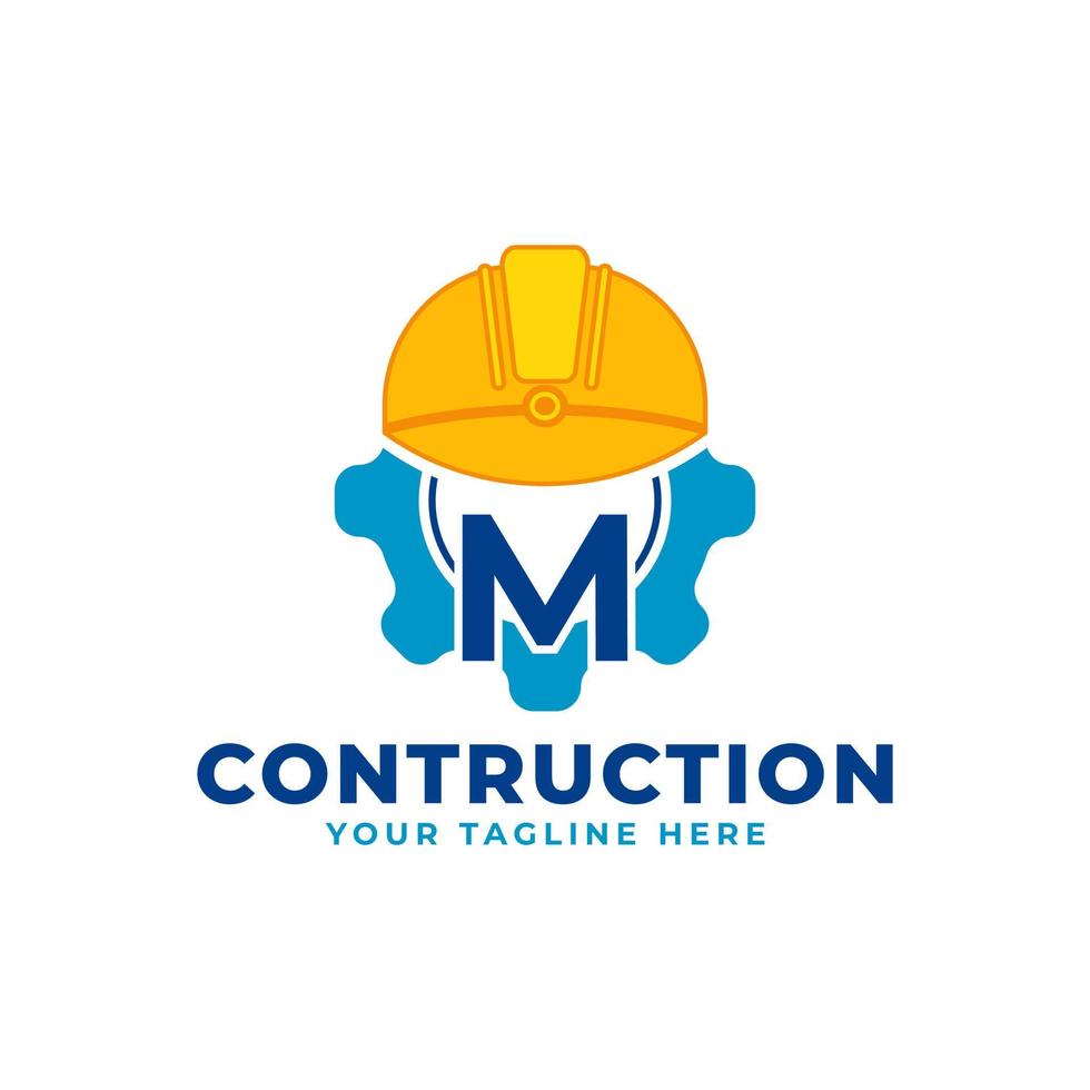 Initial Letter M with Gear and Helmet. Construction and Engineering Logo Concept vector