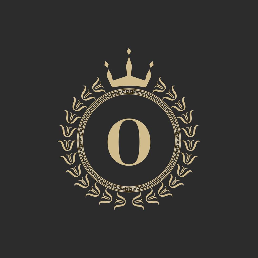 Initial Letter O Heraldic Royal Frame with Crown and Laurel Wreath. Simple Classic Emblem. Round Composition. Graphics Style. Art Elements for Logo Design Vector Illustration