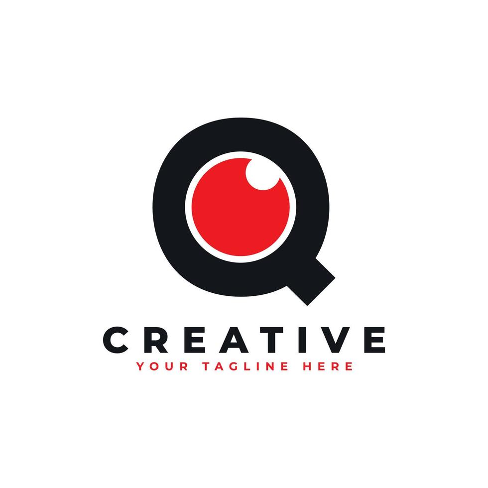 Abstract Eye Logo Letter Q. Black Shape Q Initial Letter with Red Eyeball inside. Use for Business and Technology Logos. Flat Vector Logo Design Ideas Template Element