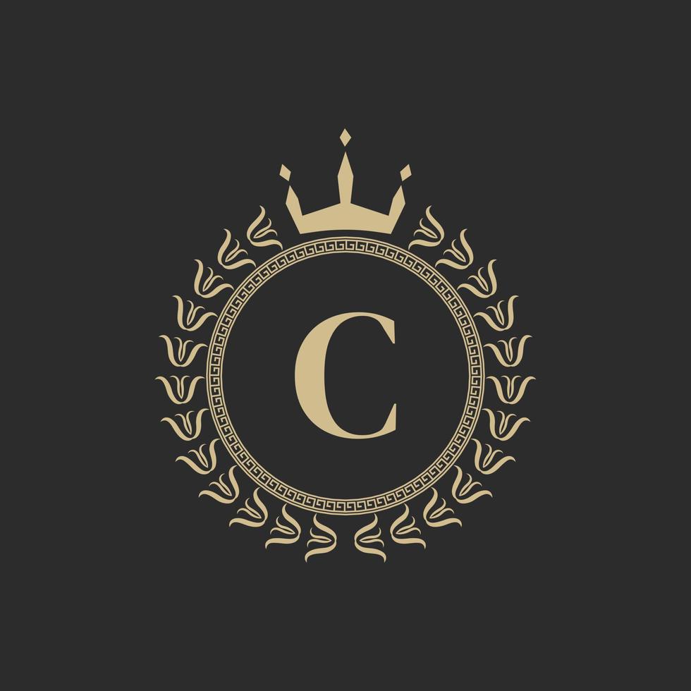 Initial Letter C Heraldic Royal Frame with Crown and Laurel Wreath. Simple Classic Emblem. Round Composition. Graphics Style. Art Elements for Logo Design Vector Illustration