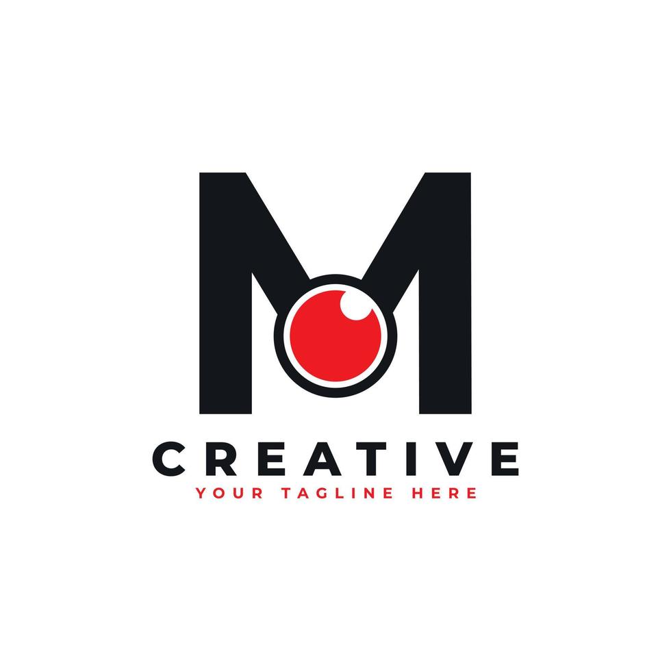 Abstract Eye Logo Letter M. Black Shape M Initial Letter with Red Eyeball inside. Use for Business and Technology Logos. Flat Vector Logo Design Ideas Template Element