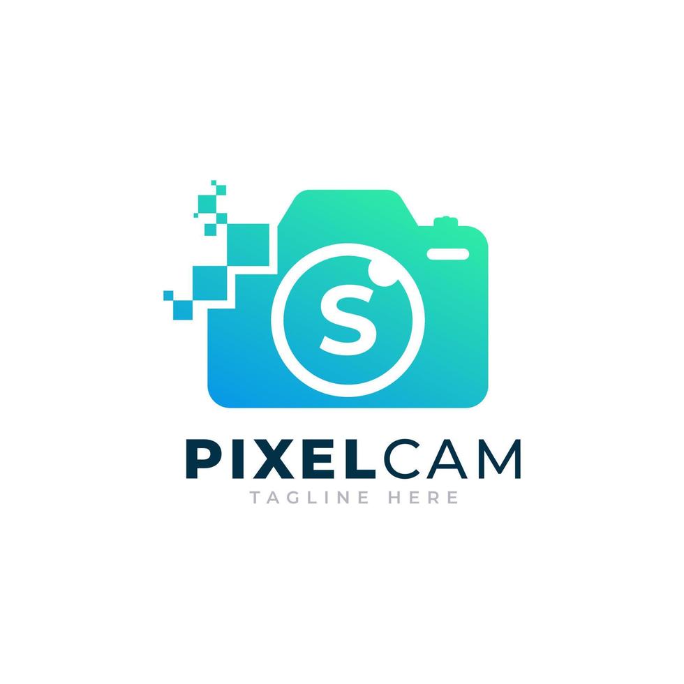 Letter S Inside Camera Photo Pixel Technology Logo Design Template vector