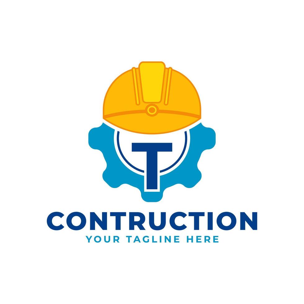 Initial Letter T with Gear and Helmet. Construction and Engineering Logo Concept vector