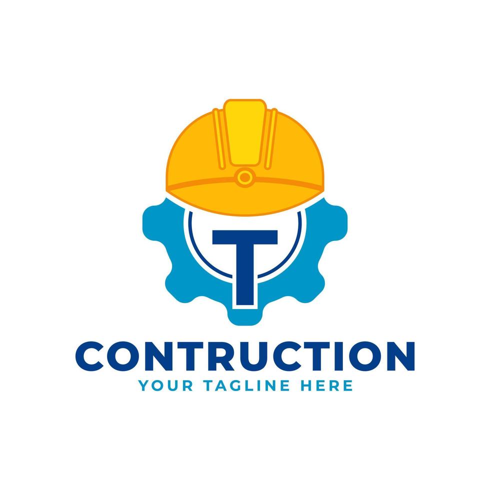 letra inicial t con equipo y casco. concepto de logotipo de construcción e ingeniería vector