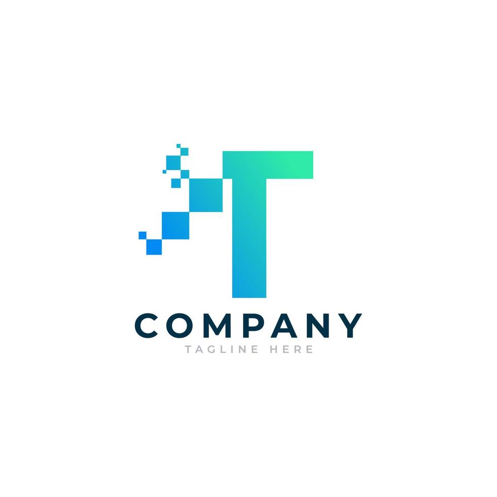 Tech Letter T Logo. Blue and Green Geometric Shape with Square Pixel Dots. Usable for Business and Technology Logos. Design Ideas Template Element. vector