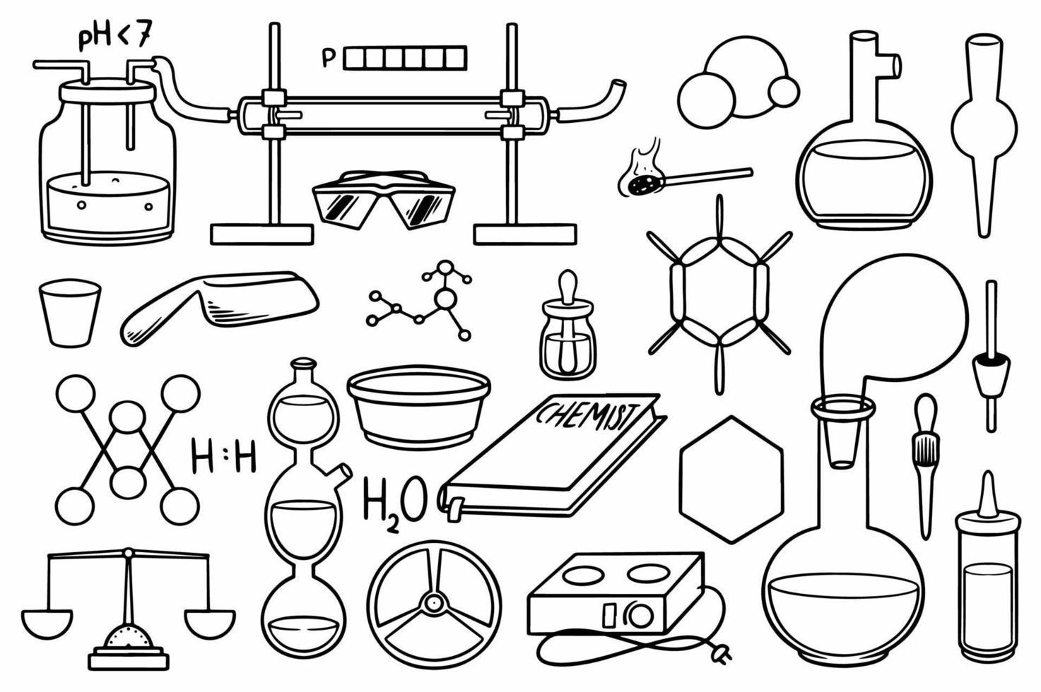 Hand drawn set of chemical equipment stuff doodle on white background. vector