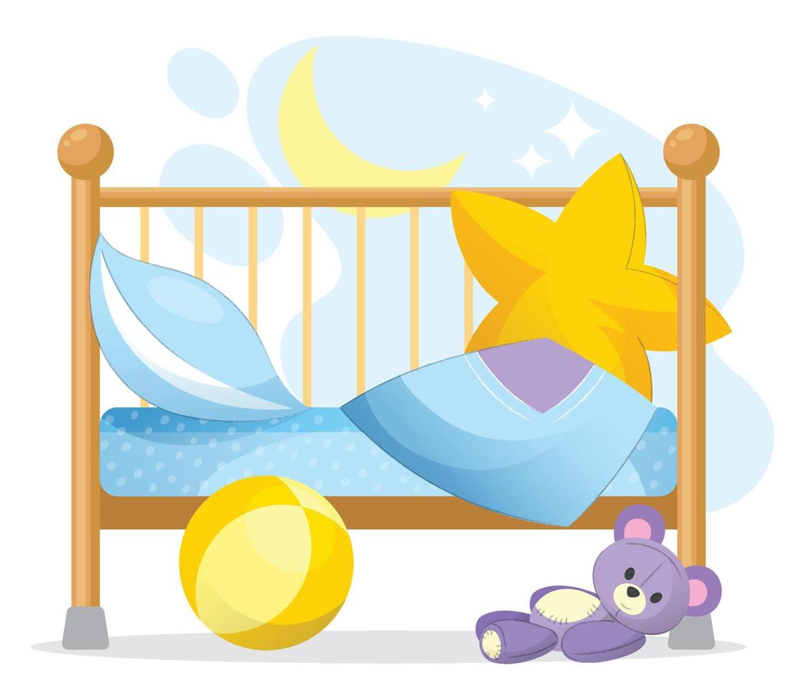 Cute baby bed for newborns. Lullaby with soft fluffy pillows and toys around. vector