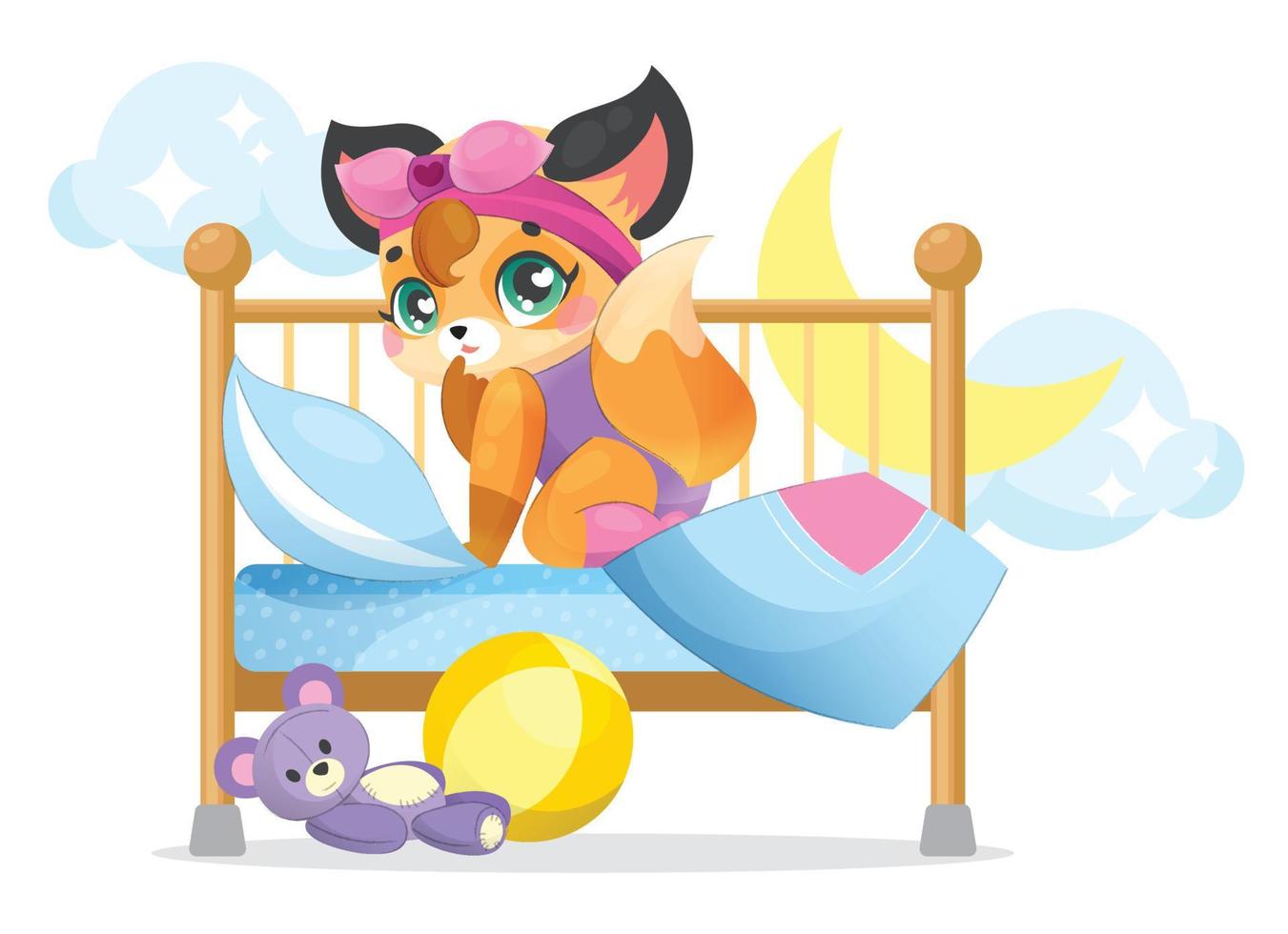 Cute baby bed for newborns with a little girl who sits and gets ready for bed. Lullaby with soft fluffy pillows and toys around. vector