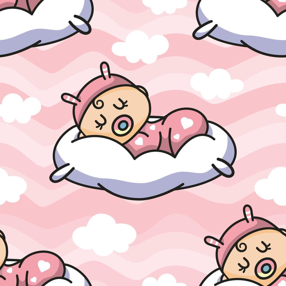 Newborn Sleeping on Pillow Among the Clouds Seamless Vector Pattern