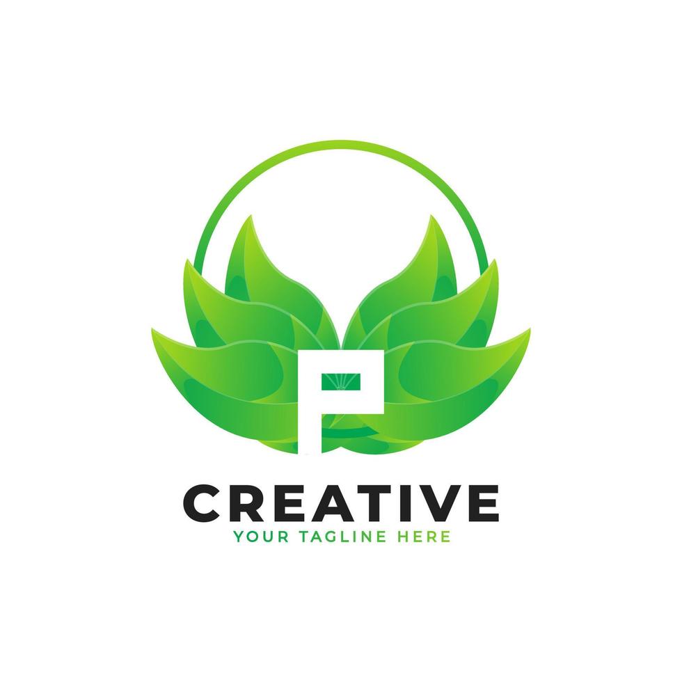 Nature Green Leaf Letter P Logo with Circle. monogram logo. Green Leaves Alphabet Icon. Usable for Business, Science, Healthcare, Medical and Nature Logos.Flat Vector Logo Desgn Template Element