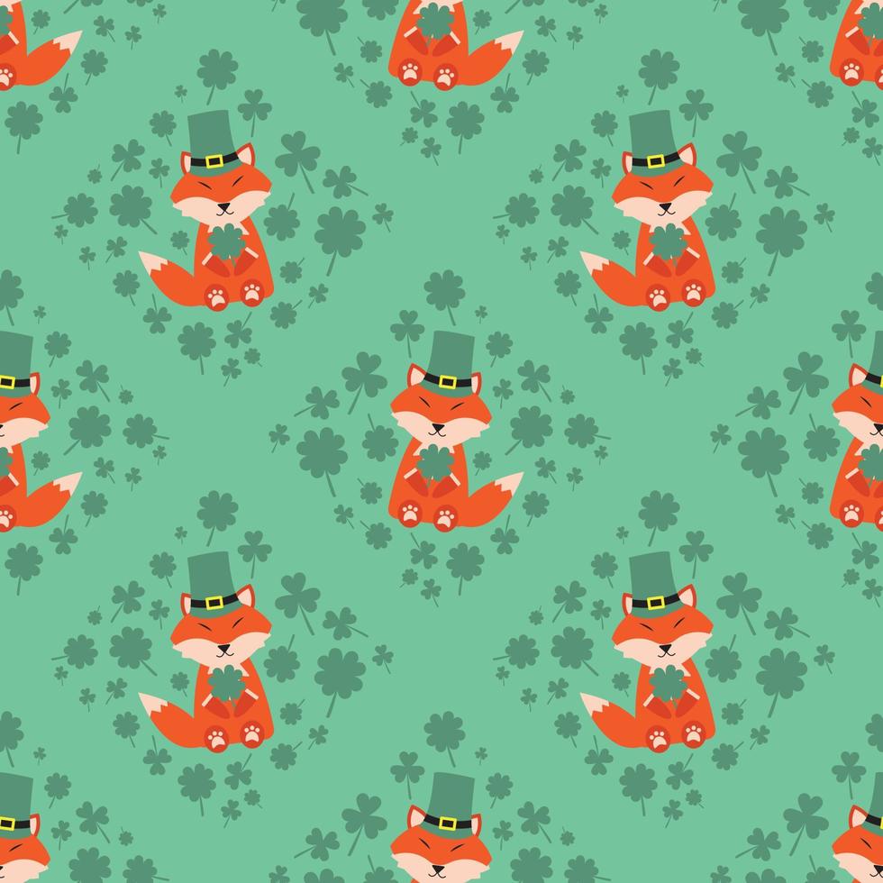 cute fox in Saint Patrick's Day with 4 leaves clover seamless pattern for print or fabric vector