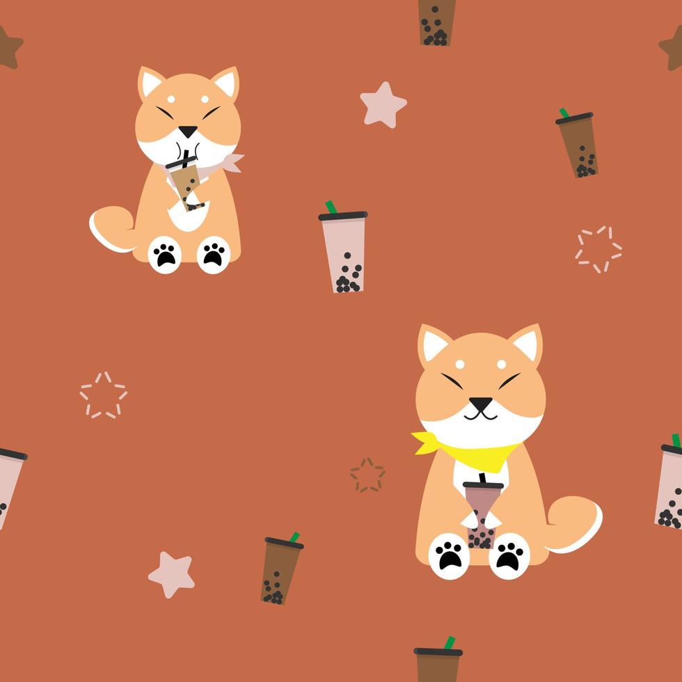 cute Shiba Inu dog drinking bubble tea seamless pattern for print or fabric vector