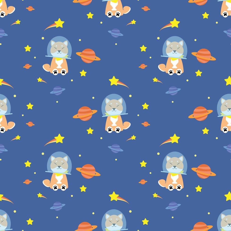 cute shiba dog in the space with Saturn and star around fabric seamless cute pattern vector