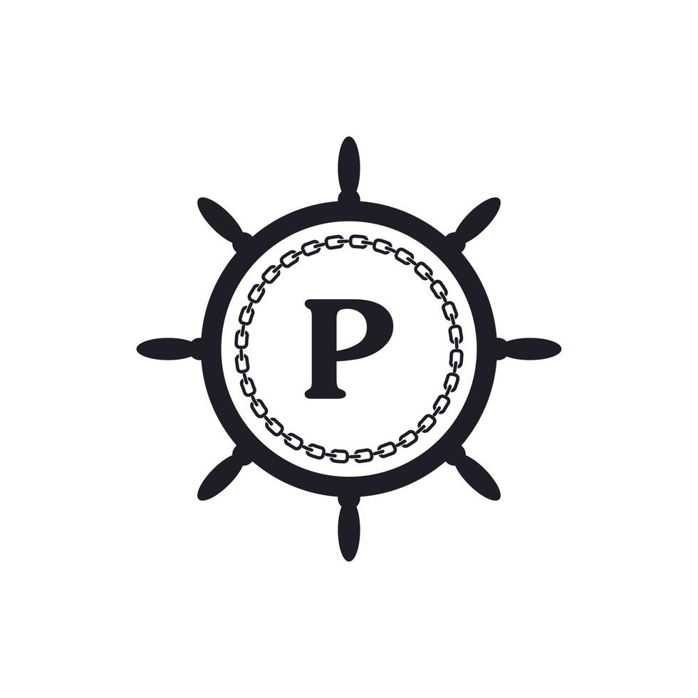 Letter P Inside Ship Steering Wheel and Circular Chain Icon for Nautical Logo Inspiration vector