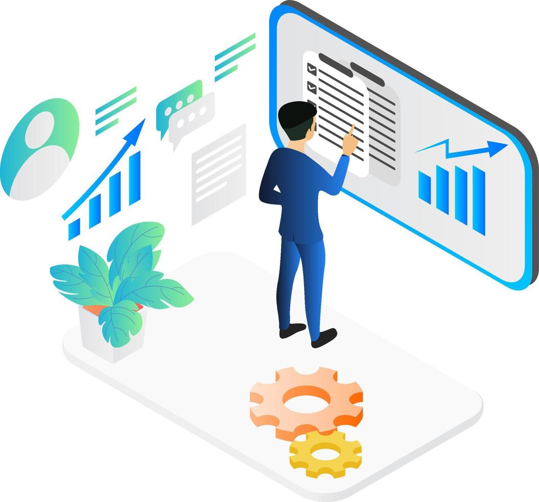 Isometric style illustration of checking valid data vector