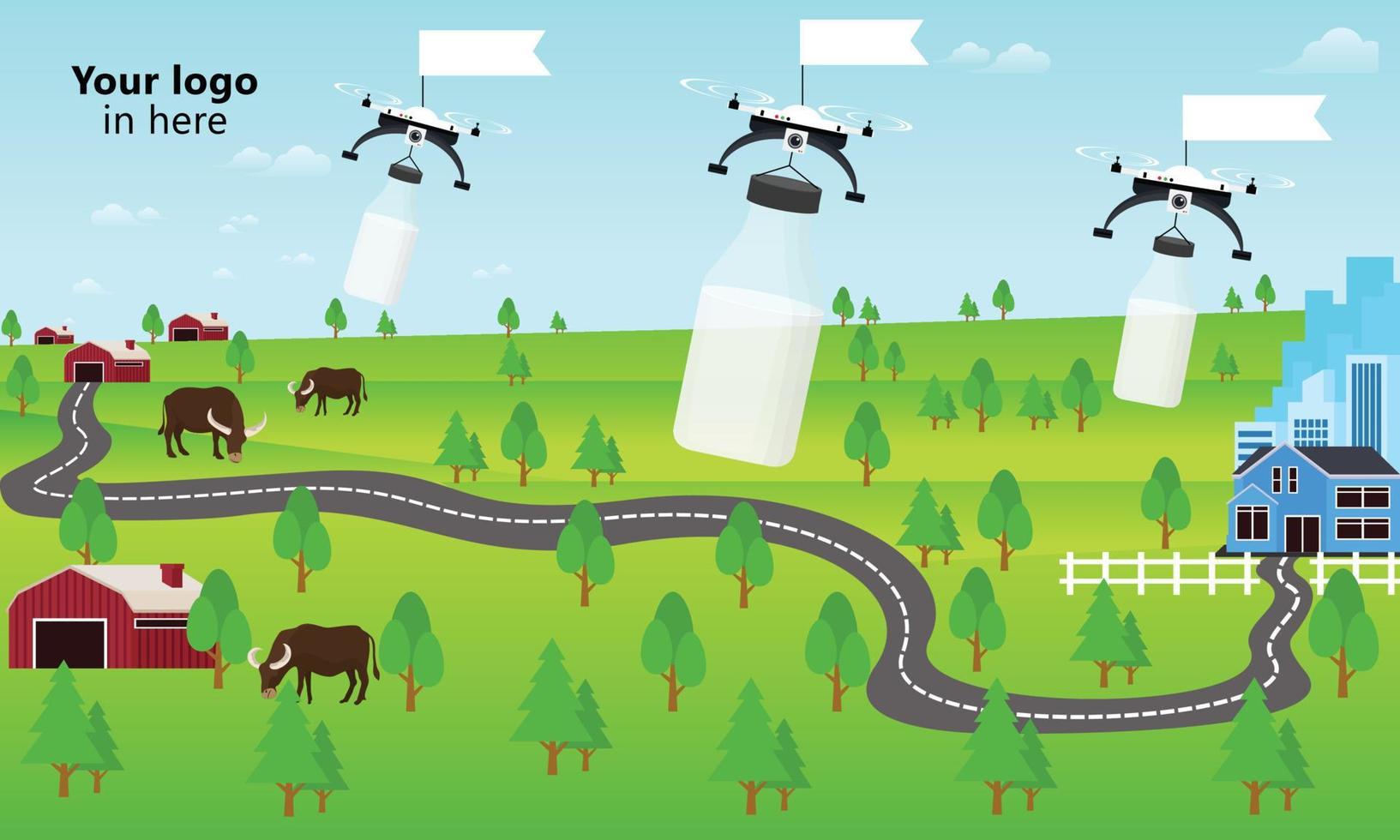 ilustración de un dron de entrega de leche de un granjero a la ciudad vector
