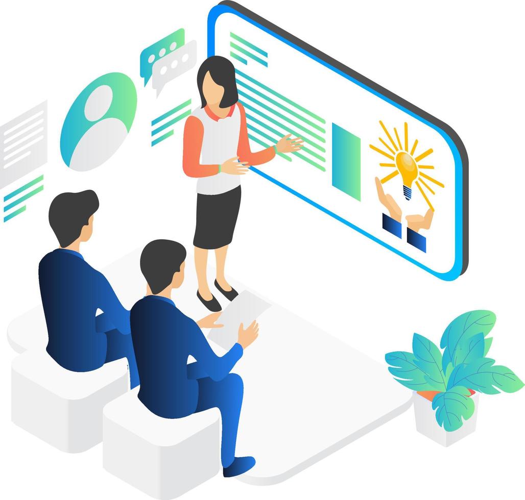 Illustration of a woman doing a presentation or training to a client vector