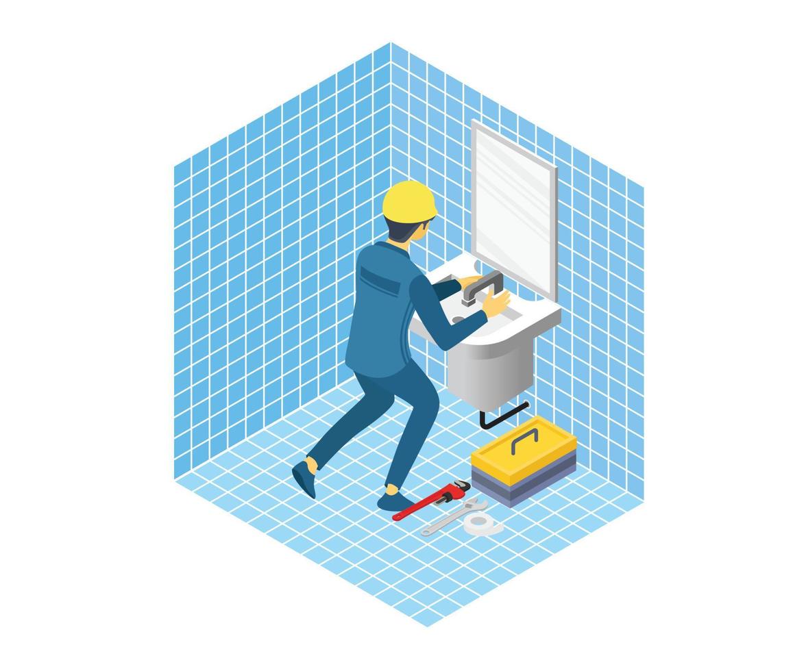 Illustration of a handyman repairing a faucet pipe vector