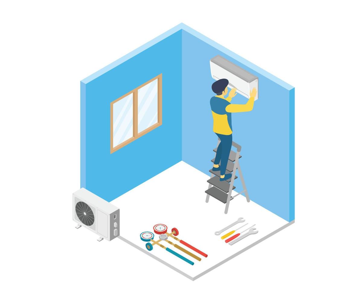 Illustration of the installation of air conditioning in a room vector