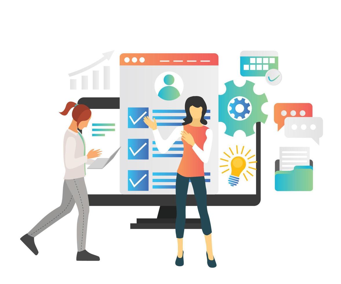 Illustration of a woman doing a presentation or training to a client vector