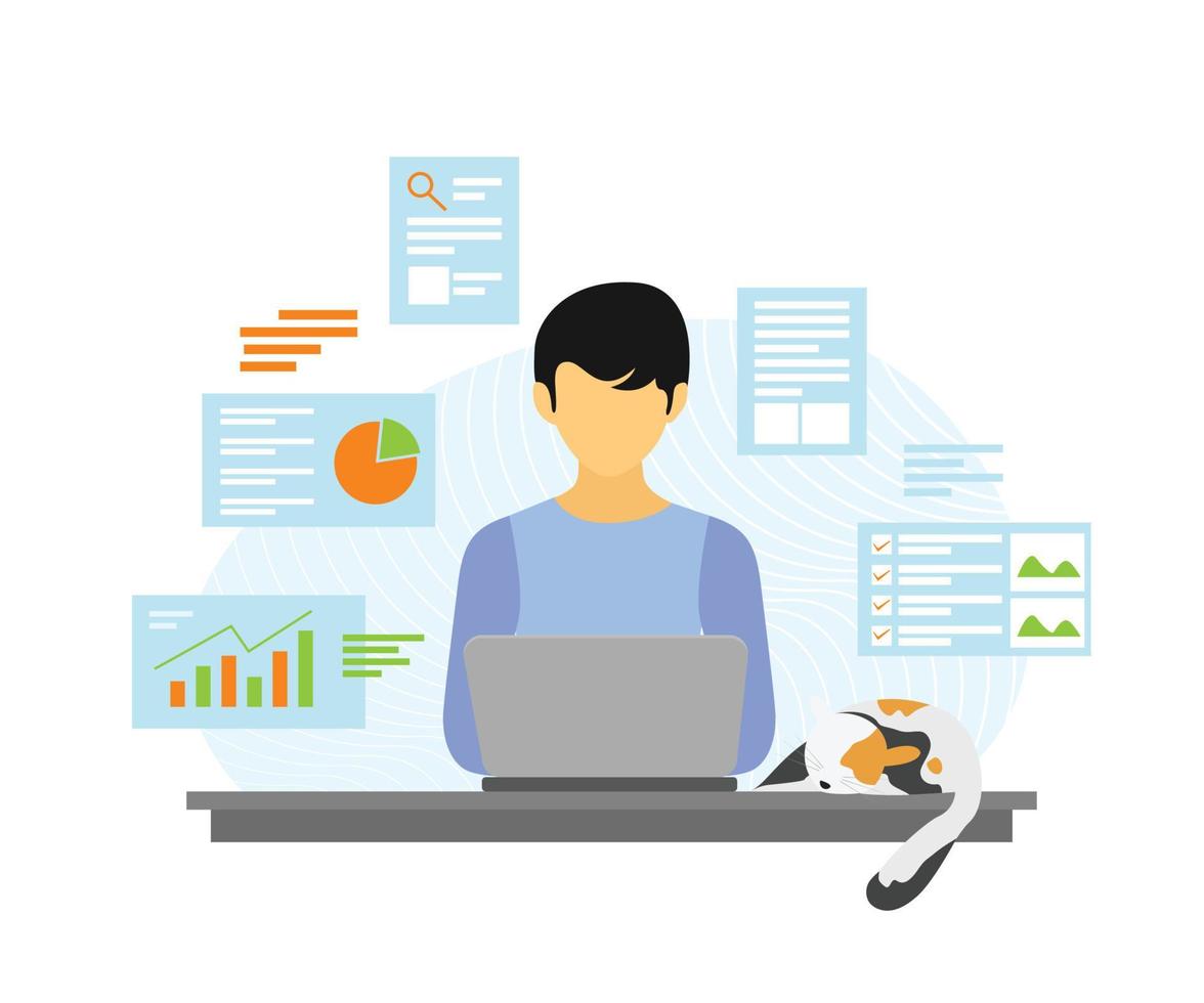 Illustration of a man working at home with laptop analyzing digital marketing strategy vector