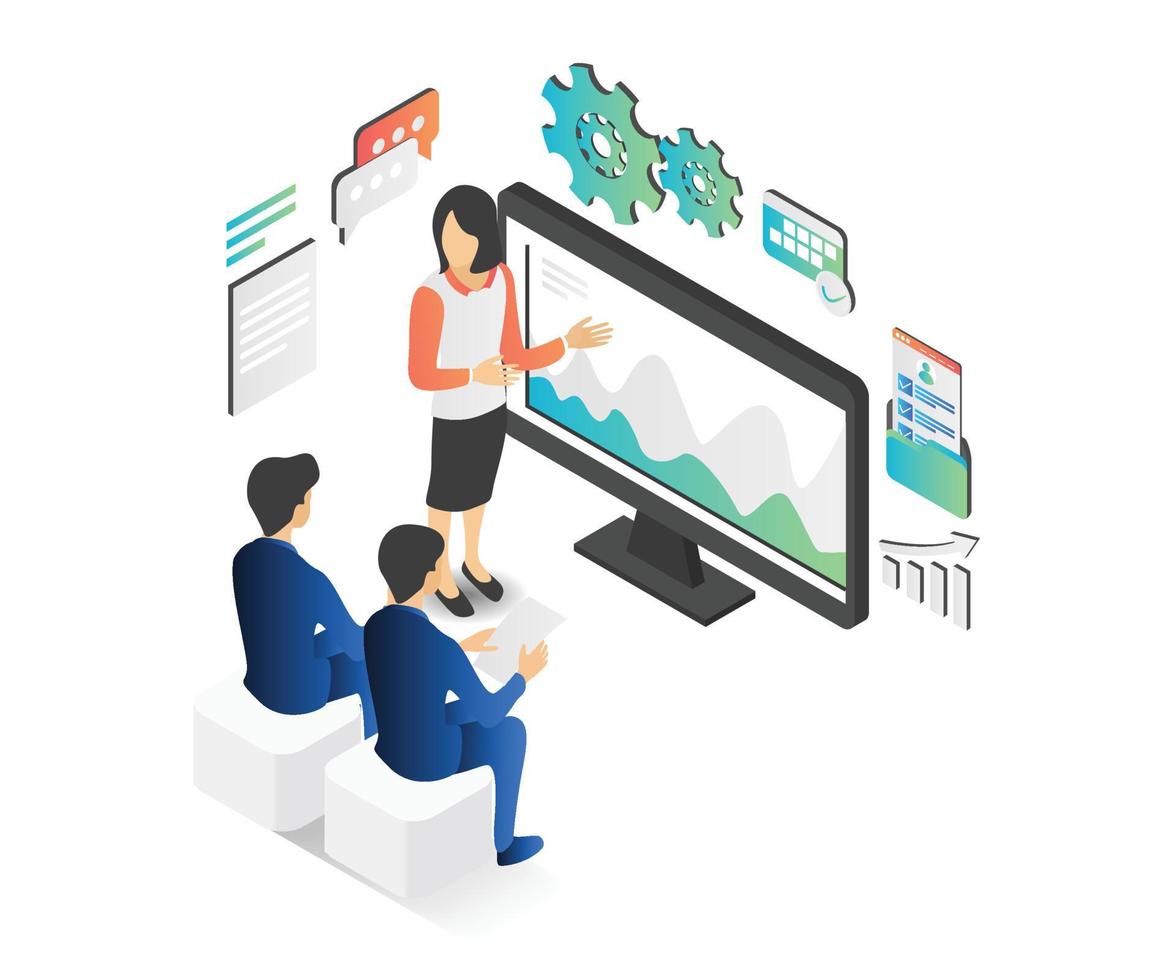 Illustration of a woman doing a presentation or training to a client vector