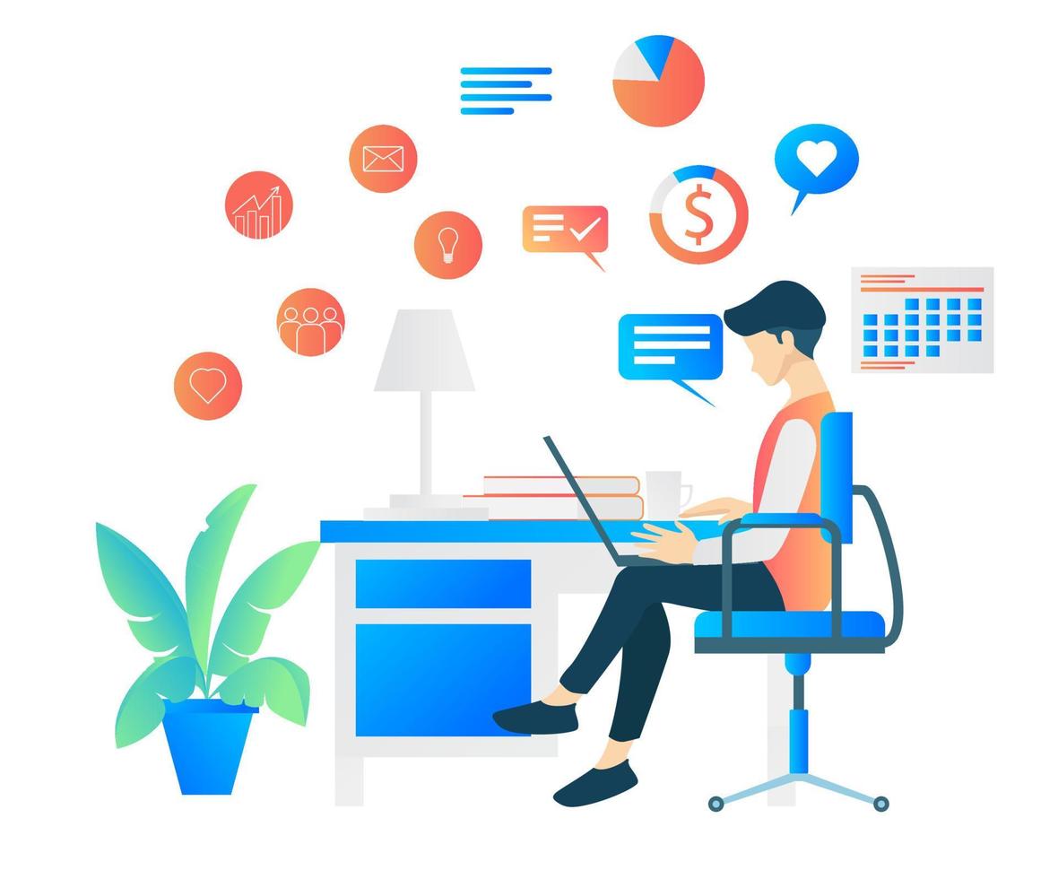 Illustration of people working in the office with laptop vector