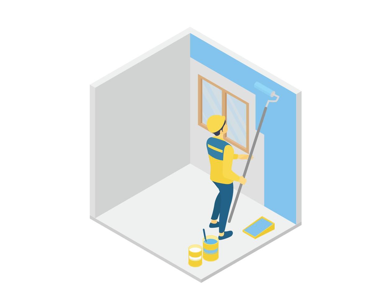 Illustration of a handyman painting the walls of the room vector