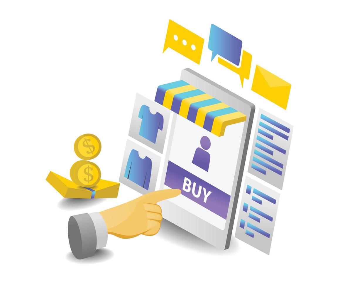 Isometric style illustration of buying via mobile phone online shop vector