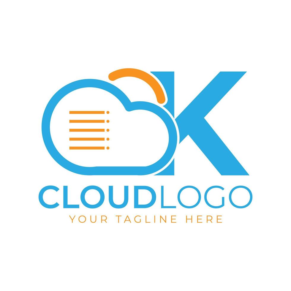 logotipo de tecnología en la nube. letra inicial k con nube y documento para el concepto de tecnología. señal meteorológica de software de datos vector