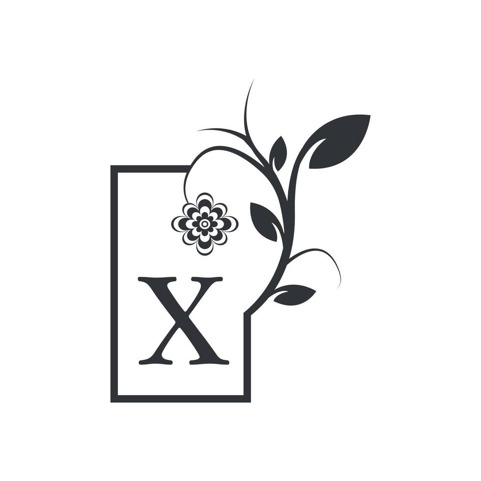 Elegant X Luxury Logo Square Frame Badge. Floral with Flowers Leaves. Perfect for Fashion, Jewelry, Beauty Salon, Cosmetics, Spa, Boutique, Wedding, Letter Stamp, Hotel and Restaurant Logo. vector