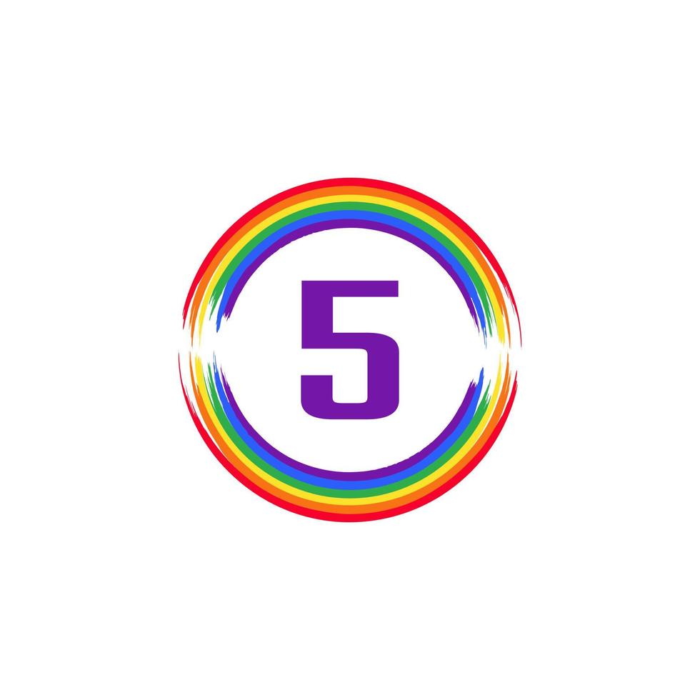 Number 5 Inside Circular Colored in Rainbow Color Flag Brush Logo Design Inspiration for LGBT Concept vector