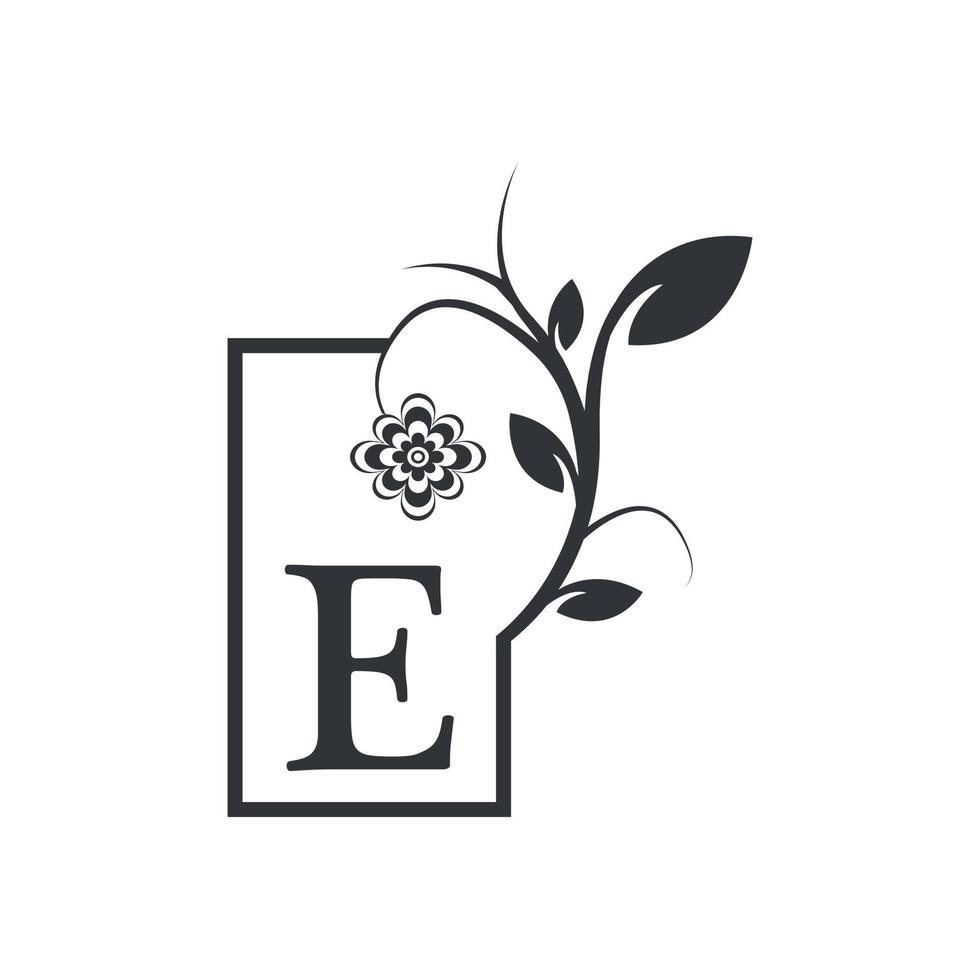 Elegant E Luxury Logo Square Frame Badge. Floral with Flowers Leaves. Perfect for Fashion, Jewelry, Beauty Salon, Cosmetics, Spa, Boutique, Wedding, Letter Stamp, Hotel and Restaurant Logo. vector