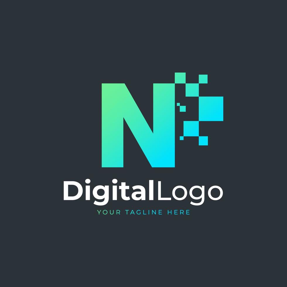 logotipo de la letra n de tecnología. forma geométrica azul y verde con puntos de píxeles cuadrados. utilizable para logotipos de negocios y tecnología. elemento de plantilla de ideas de diseño. vector
